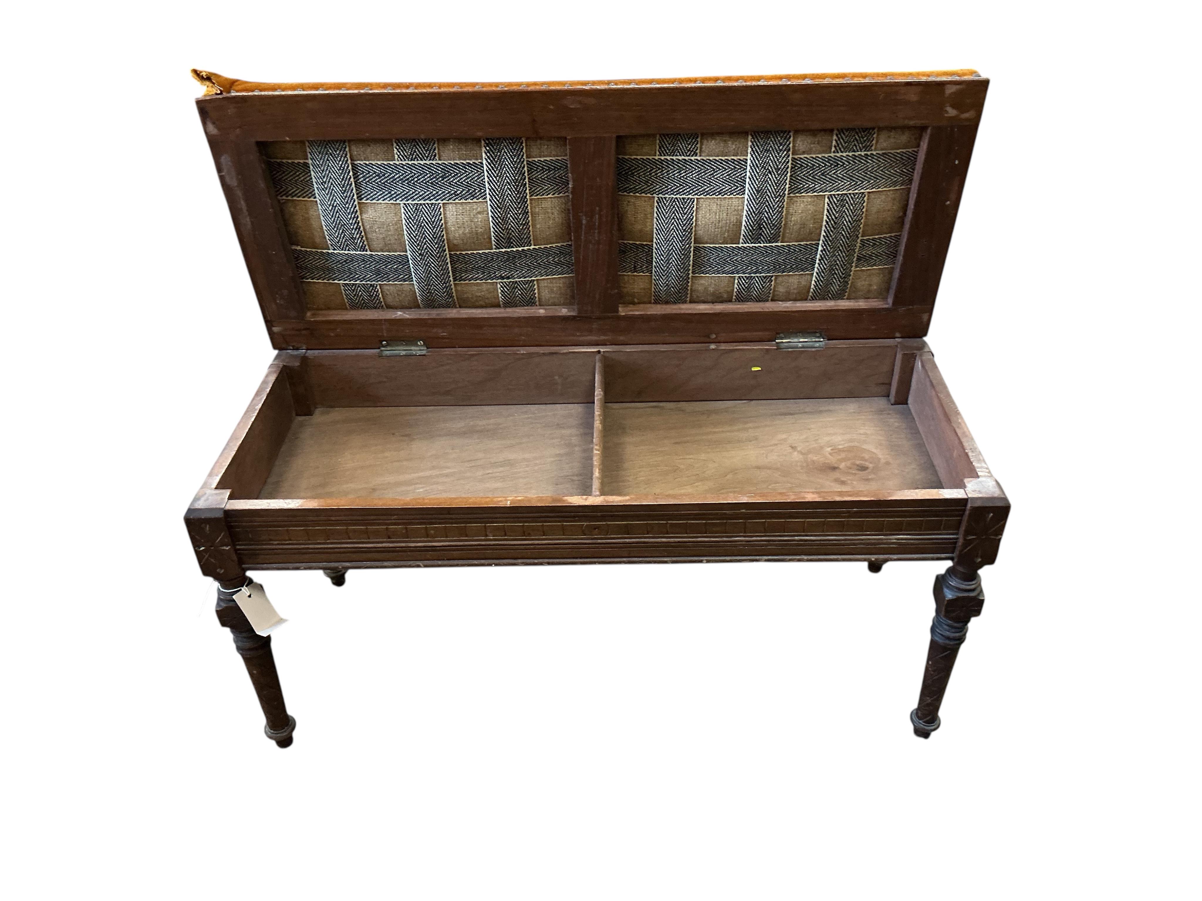 A late Victorian mahogany Aesthetic movement box seat duet piano stool, width 92cm, depth 38cm, height 47cm